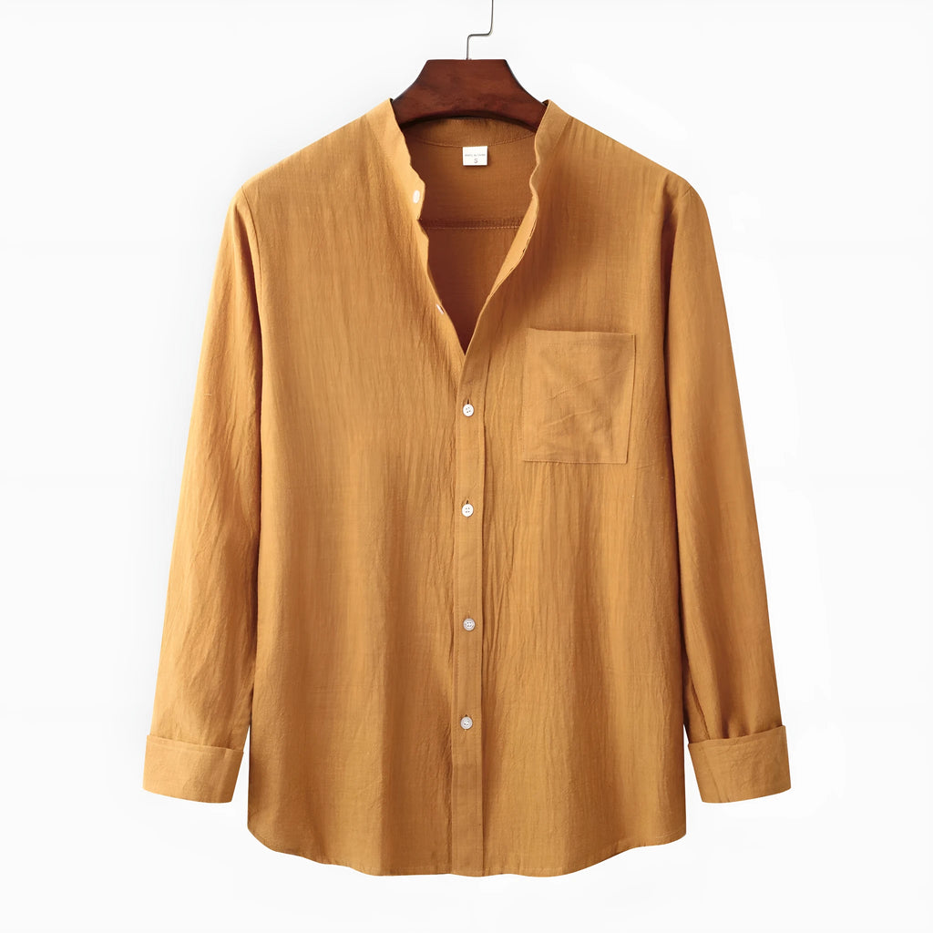 Men's brown long sleeve cotton blend shirt and casual trousers set on a hanger