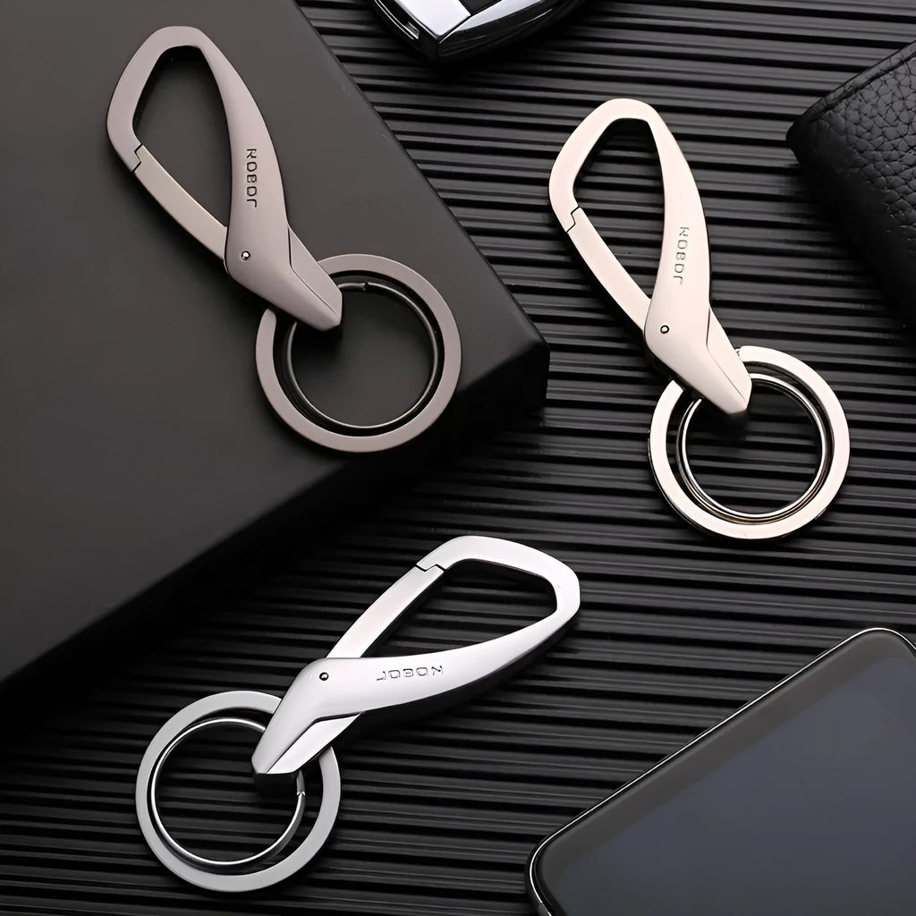 Black zinc alloy double ring waist keychain measuring 8.3 by 3.5 centimetres