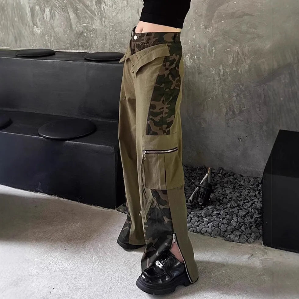 Dark khaki leopard print high waist straight-leg jeans with contrast colour fake stitching detail