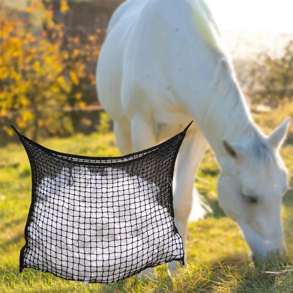 Black woven PE rope grid hanging feeding bag for horses, cattle and sheep.