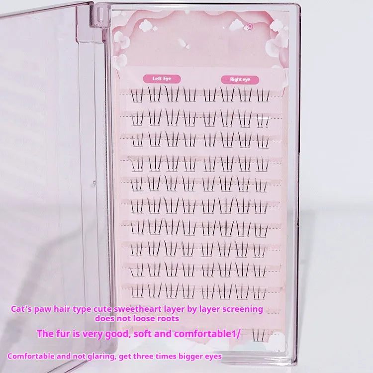 Kitten's paw style false eyelashes with lower lashes on a 12-row segmented sheer root band.