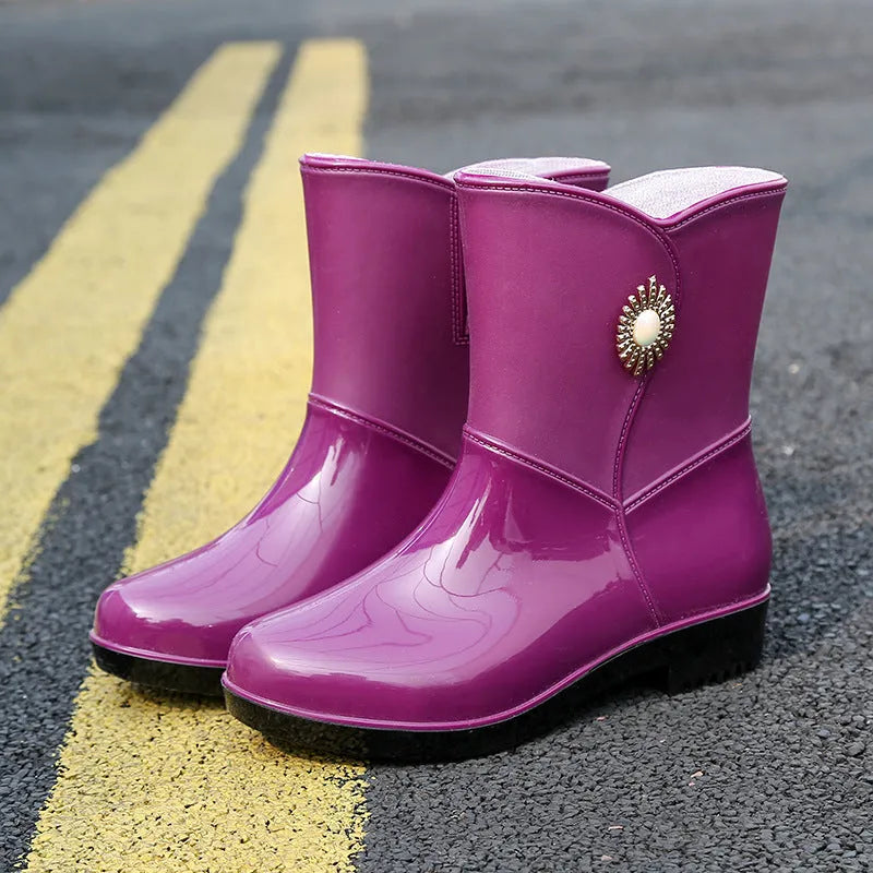 Women's PVC rain boots in beige colour with low tube design and non-slip soles
