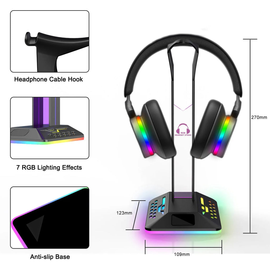 Acrylic RGB headset bracket with colour changing lights holding headphones, showing dual USB ports.