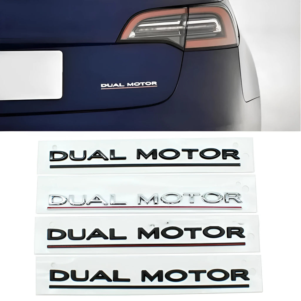 Tesla Model 3 double motor performance bumper sticker in ABS plastic, 19cm by 3cm, showing colour options.
