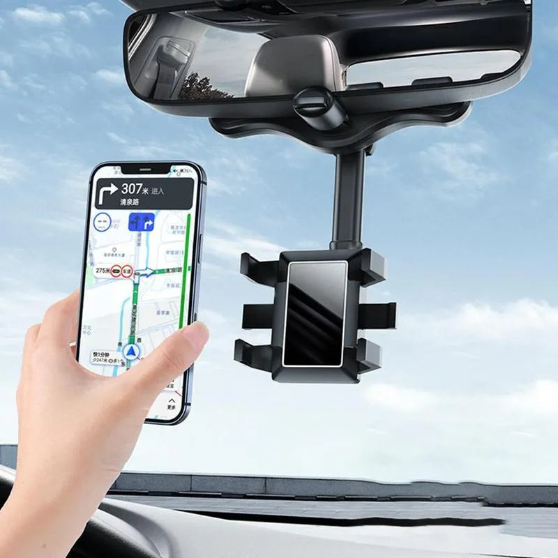 Black rearview mirror phone holder with 360 rotatable clamp and telescopic arm attached to car mirror