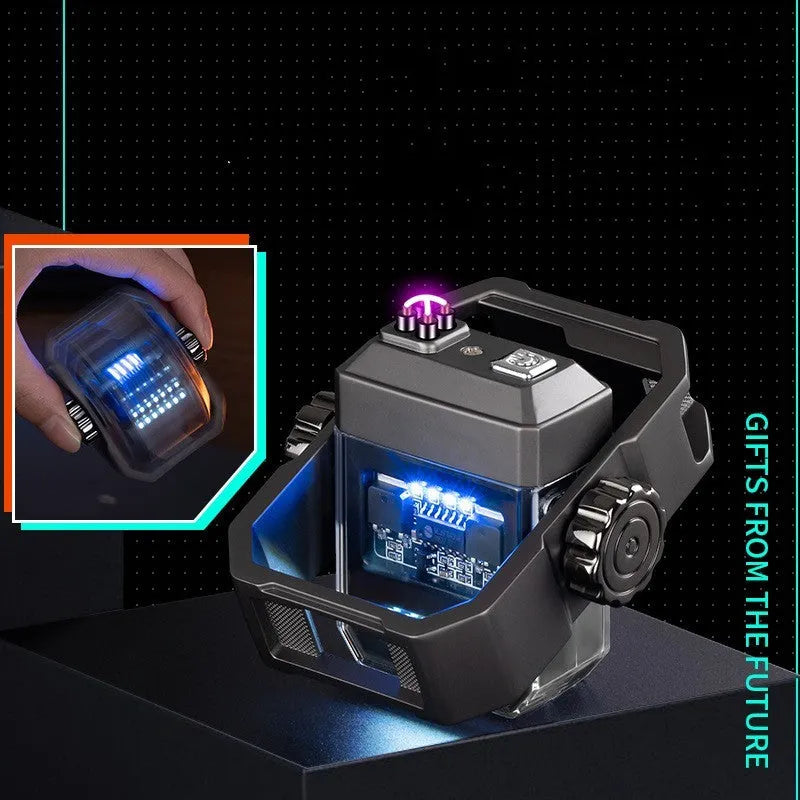 Pulse windproof double arc electric lighter with mechanical rotary gyroscope in folded position
