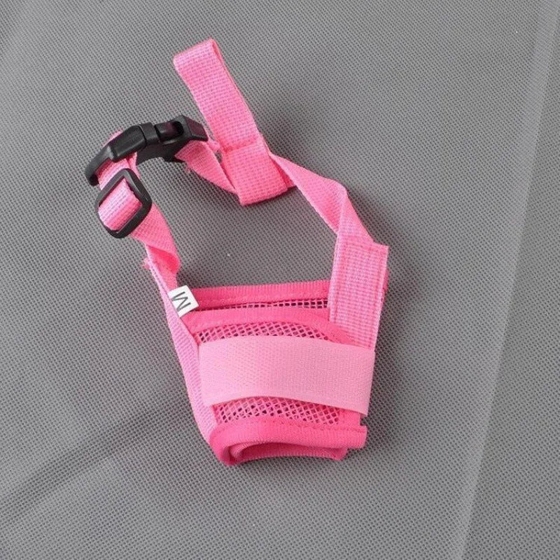 Adjustable plastic dog safety muzzle shown in multiple colours and sizes for biting and barking control.