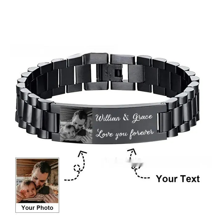 Stainless steel lettering bracelet with titanium steel heart-shaped curved piece in black or grey electroplated finish