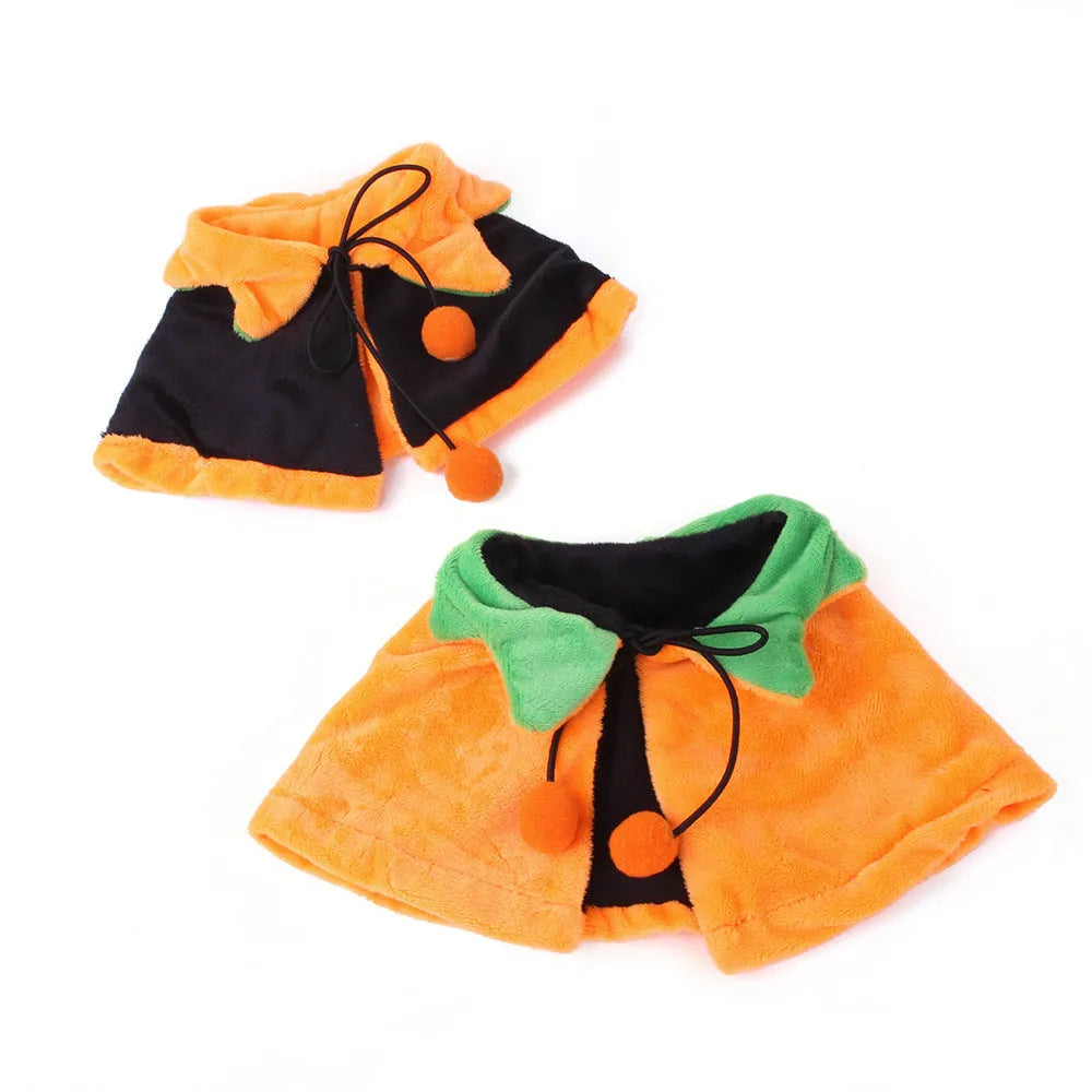 Reversible Halloween pumpkin pet cloak showing two pattern sides, plush material, S M L sizes