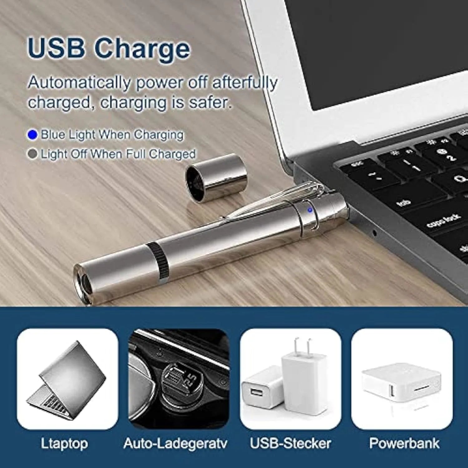 Silver aluminium cat laser pointer toy with USB charging and metal clip