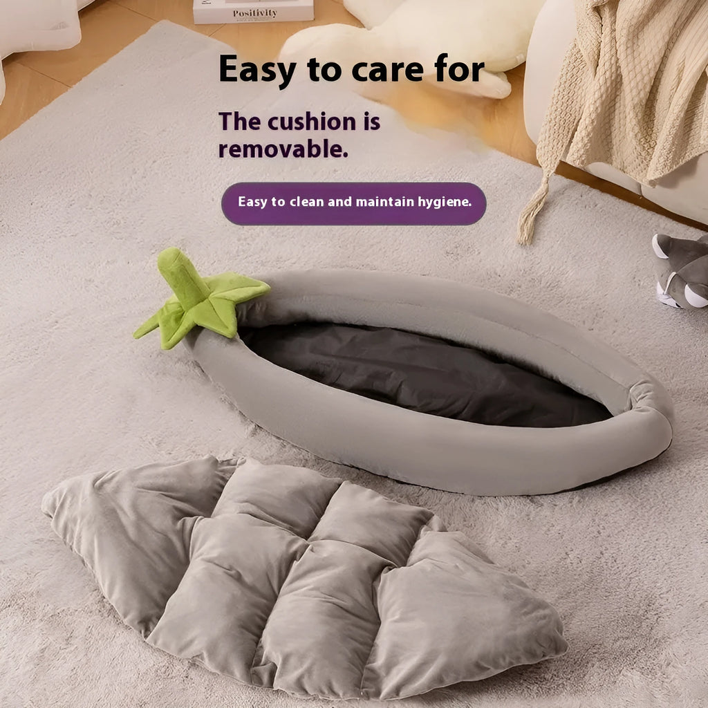 Universal pet bed with removable cloth cover showing five size options for dogs and cats