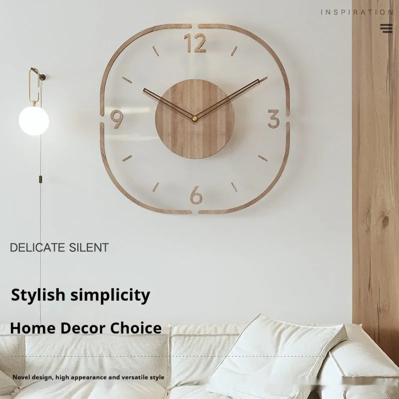 Modern transparent wooden frame wall clock with 35cm square dimensions.