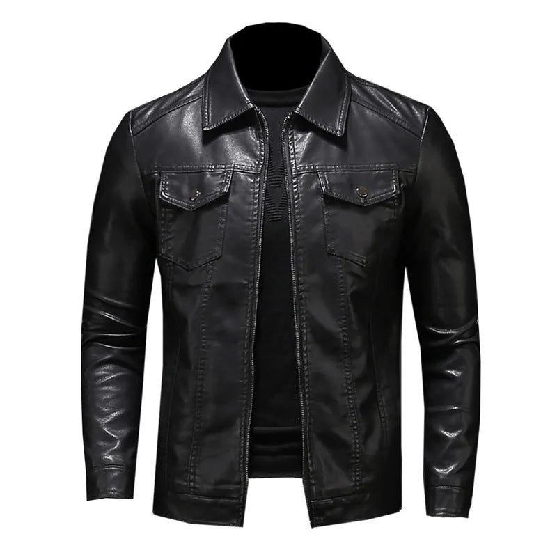 Men's black faux leather motorcycle jacket with loose fit and straight hem