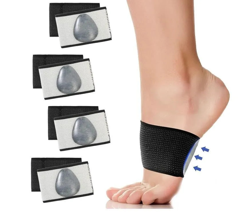 Elastic PU arch support bandage for flat feet, shown in heart style and ordinary style designs.