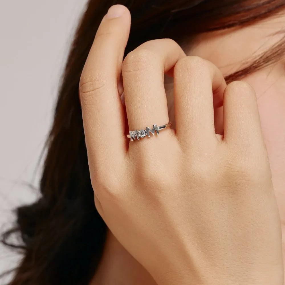 MOM Design refined simple geometric letter ring for women in silver with gold and platinum colour options