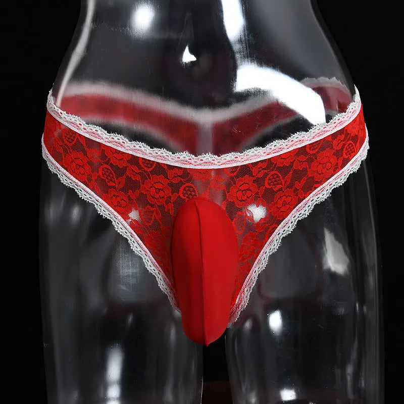 Qing He men's lace underwear with vertical bag egg design in multiple colour options
