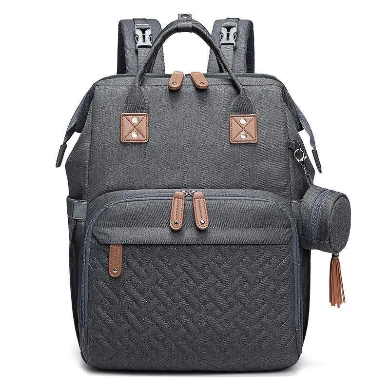 Oxford baby diaper backpack in black with vertical square shape, soft handles, and visible sewing lines