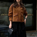 Women's brown polyester suede coat with regular sleeves in street chic style showing front view