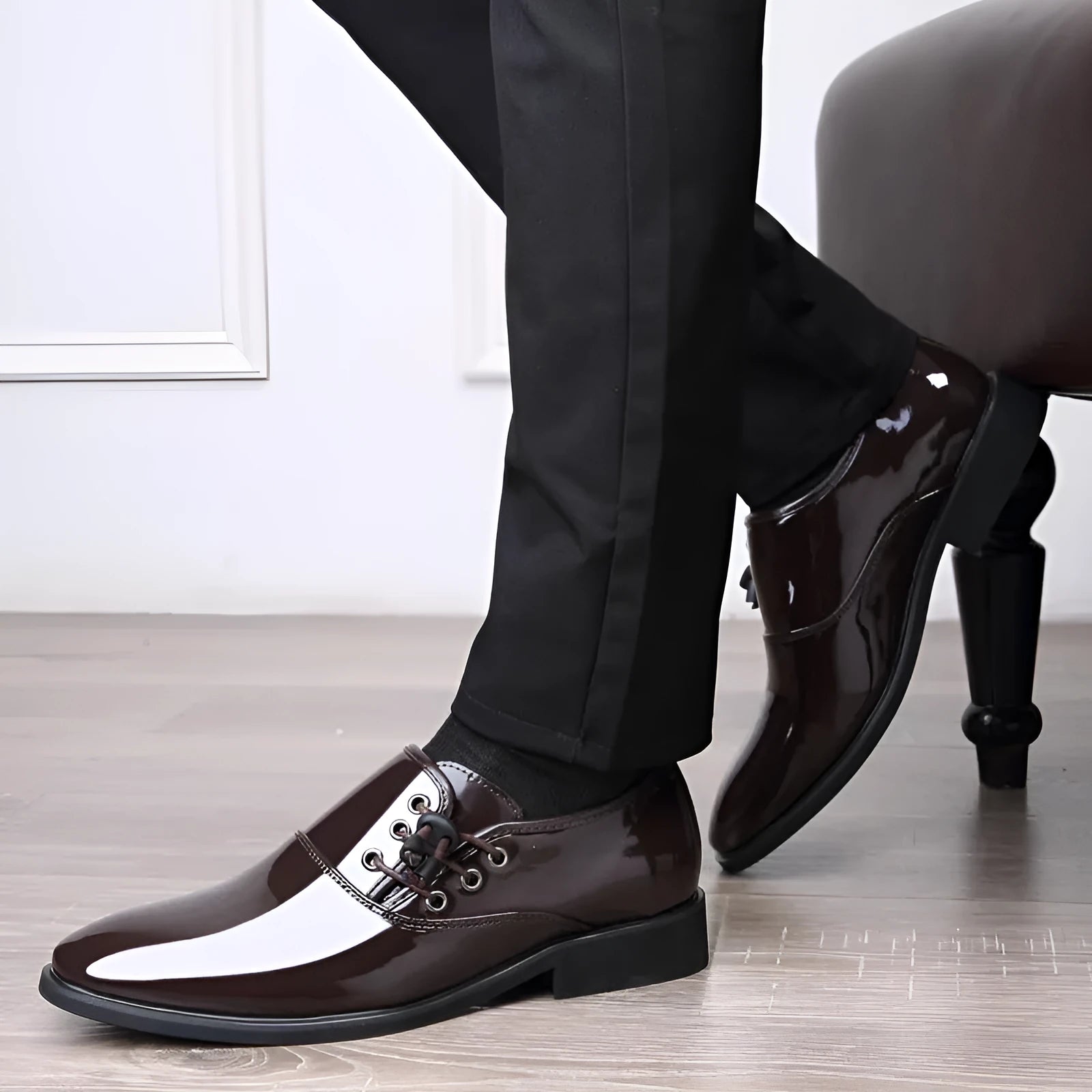 Men's black and brown round-toe formal business shoes with rubber soles