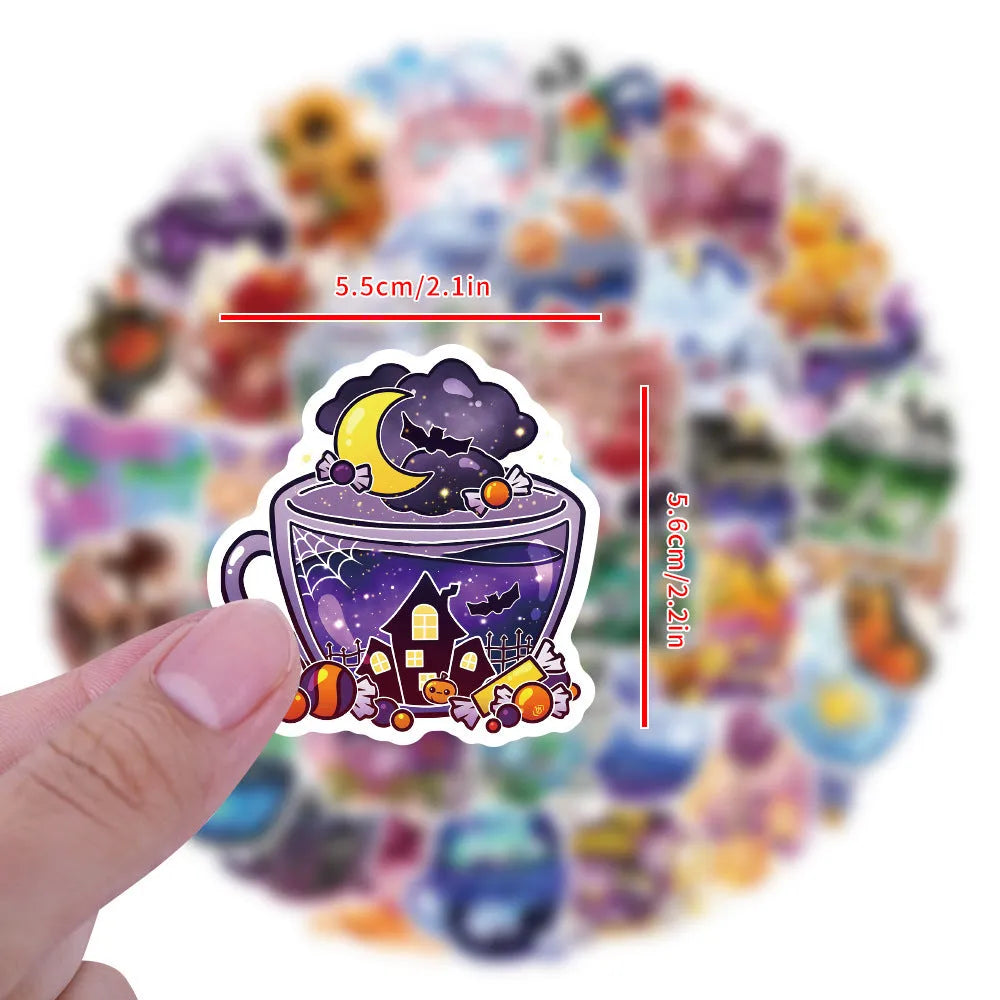 Pack of colourful tea cup graffiti design waterproof stickers for DIY projects on sports equipment.