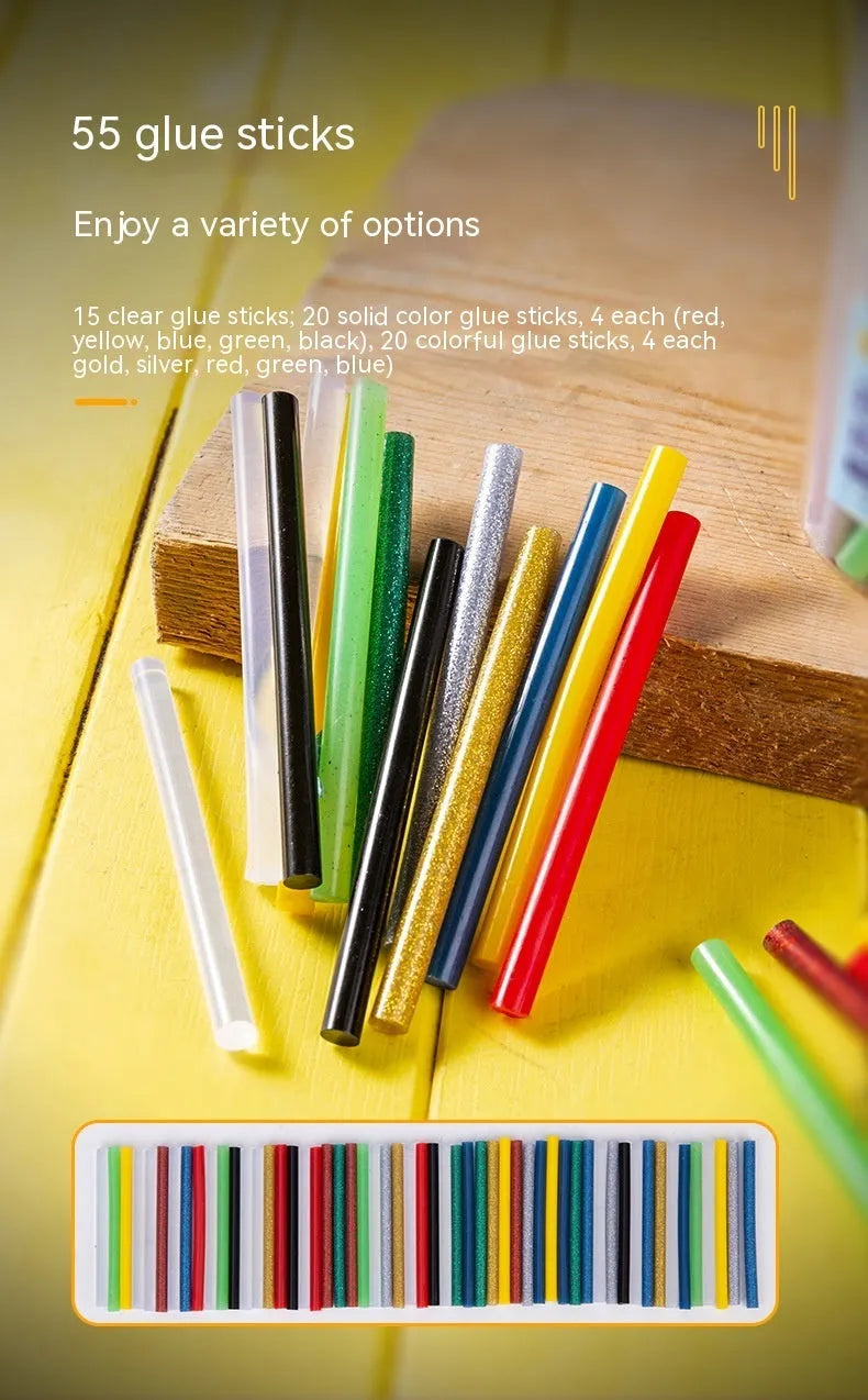 Pack of 55 transparent hot melt glue sticks measuring 7mm in diameter.