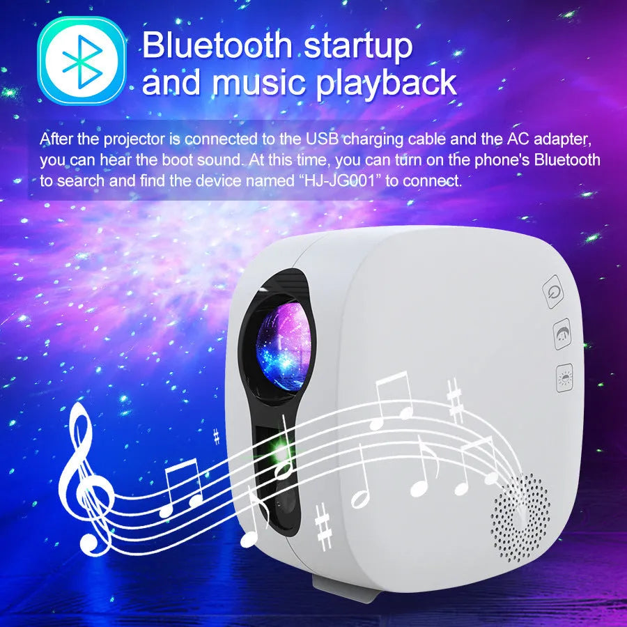 White laser starry sky projection lamp with nebula moon patterns and Bluetooth speaker functionality