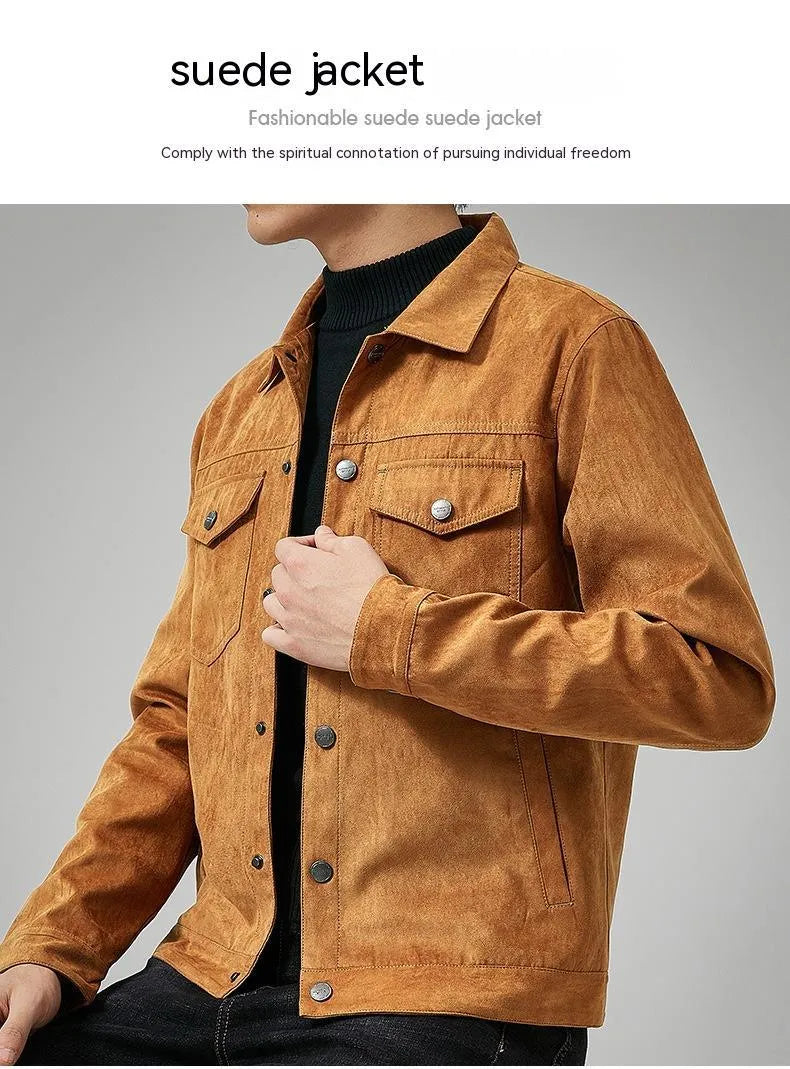 Men's casual brushed suede slim fit jacket in khaki, with shirt sleeves and topstitching slit pockets