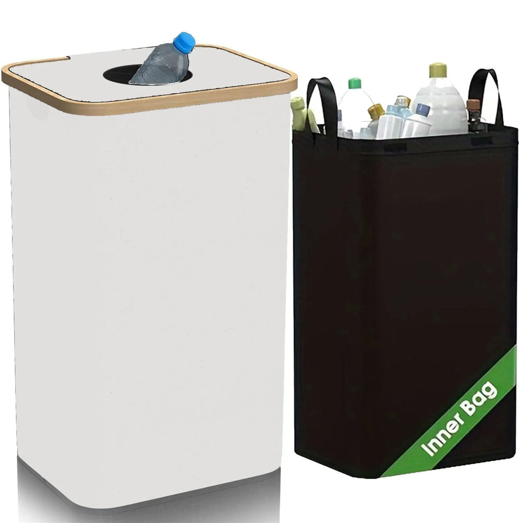 Black bamboo storage basket with lid showing removable bottle compartment and ventilation holes