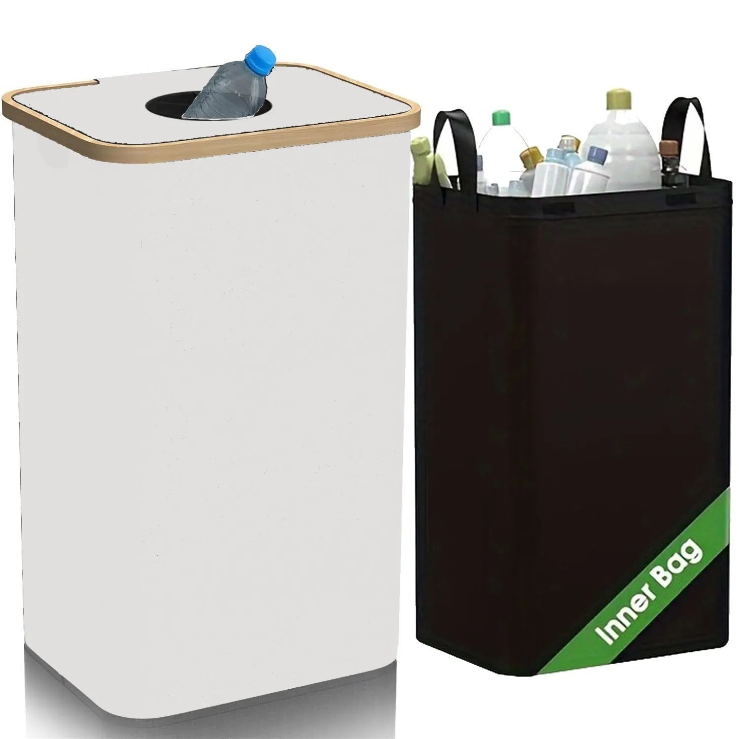 Black bamboo storage basket with lid showing removable bottle compartment and ventilation holes