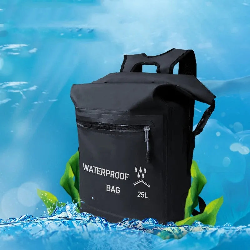Black waterproof backpack dry bag with 25 litre capacity for water sports