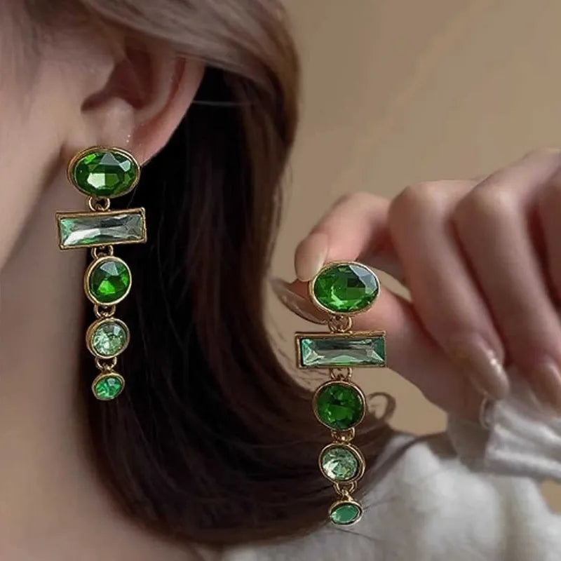 Green gradient geometric alloy earrings with tassel design and inlaid zircon detailing