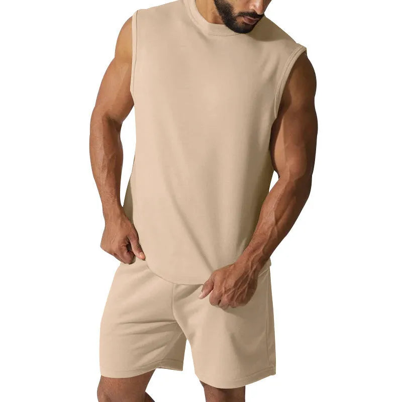 Men's sleeveless sports suit set showing sleeveless top and matching shorts in cotton blend fabric