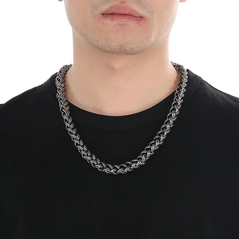 Men's titanium steel keel chain necklace with vintage antique silver finish and geometric pendant