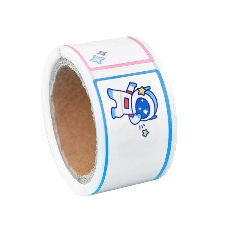 Roll of cartoon name tape stickers showing dinosaur, astronaut, rabbit, and girl designs.