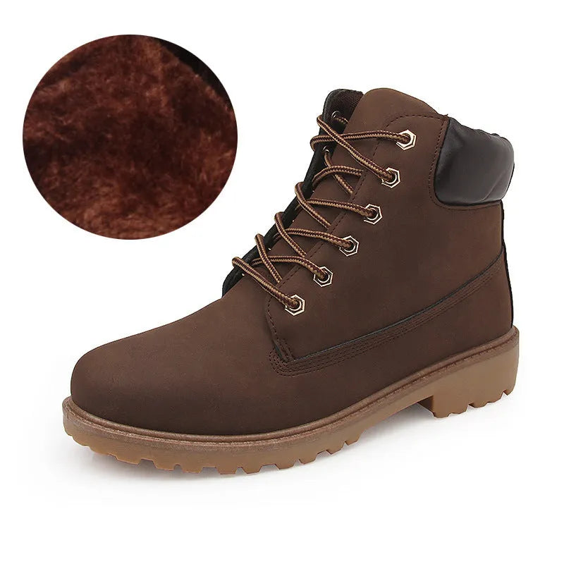 Pink men's Martin boots with velvet lining, flat bottom, and front lace-up design