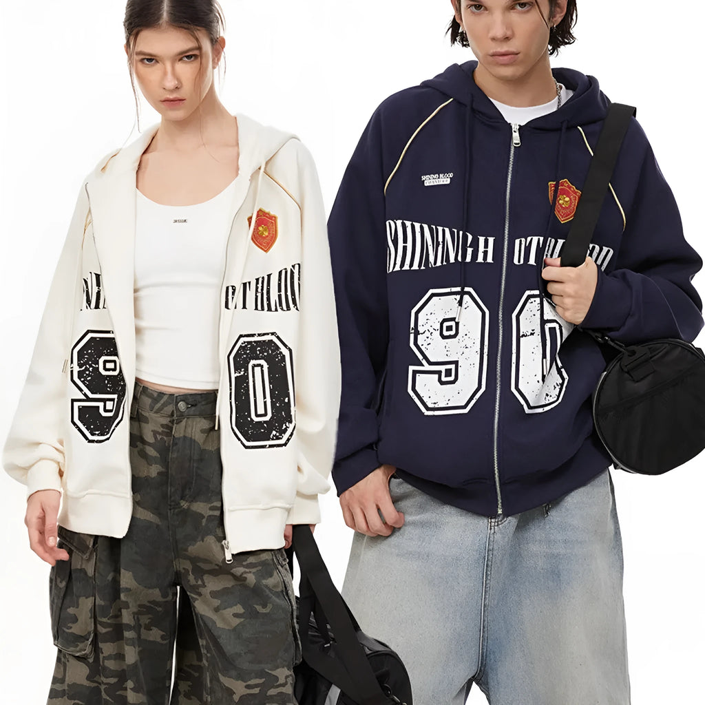Women's American retro style hooded jacket with letter embroidery in cotton blend fabric