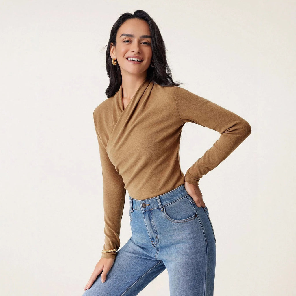 Camel coloured slim fit women's pullover sweater with long sleeves