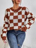 Dark brown loose fit plaid pullover sweater with chessboard pattern and round neck