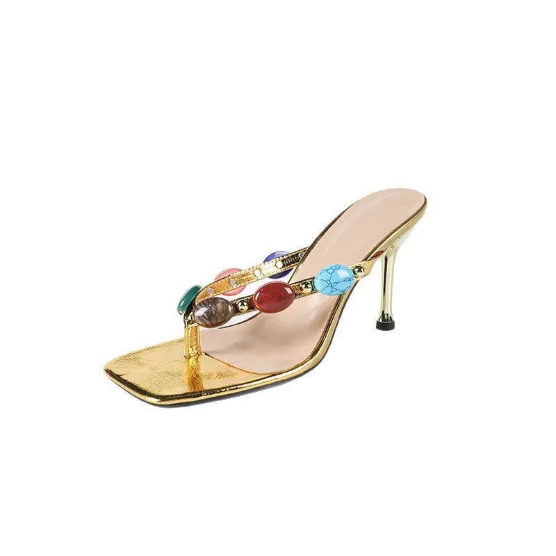 Gold women's bohemian sandals with coloured rhinestones and square toe