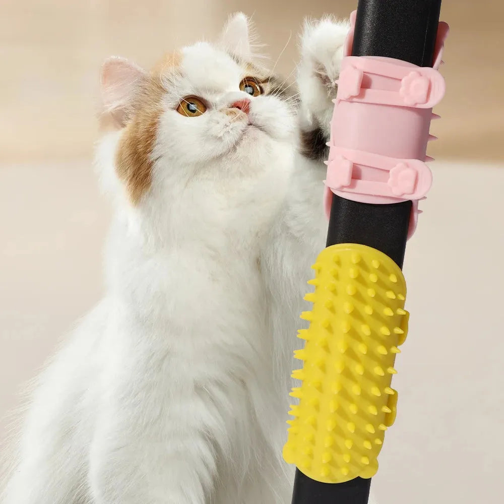 Silicone cat grooming massage comb with rounded teeth and adjustable mounting strap in assorted colours