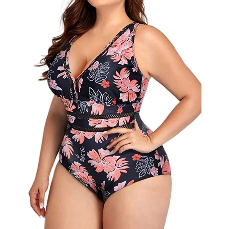 Women's black printed plus size polyester mesh bikini for swimming