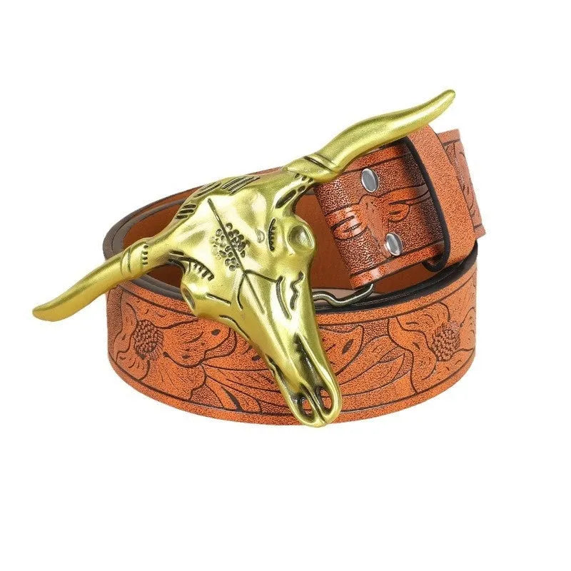 Men's brown imitation leather belt with a detailed silver cow head alloy buckle and pin fastening.