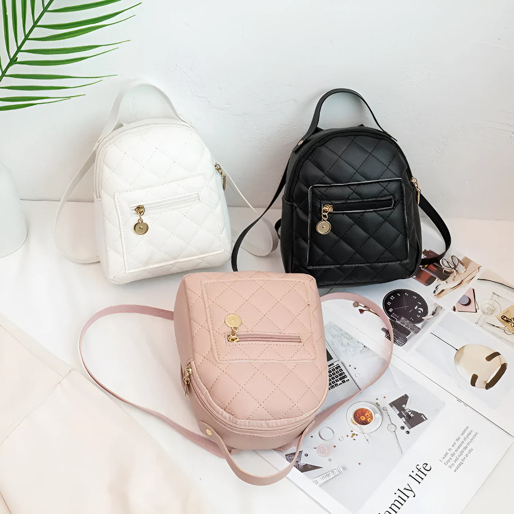 Girls' hard case square backpack with embroidery in white, black, or pink colours, showing soft handle and dimensions.
