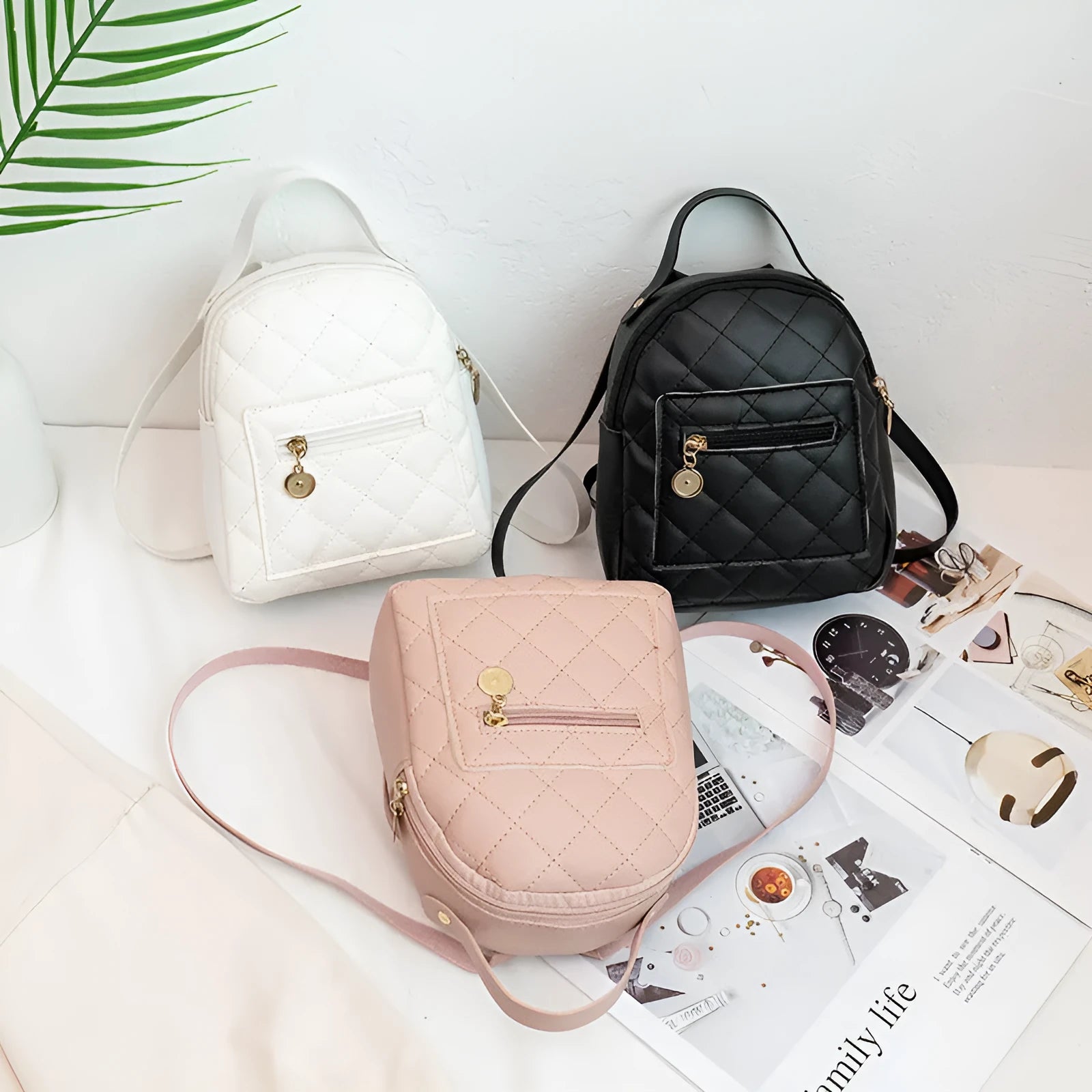 Girls' hard case square backpack with embroidery in white, black, or pink colours, showing soft handle and dimensions.