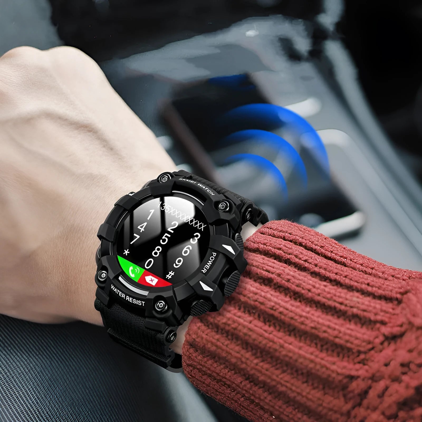 Round blue smart watch with touch screen on a black TPU strap, showing a heart rate display