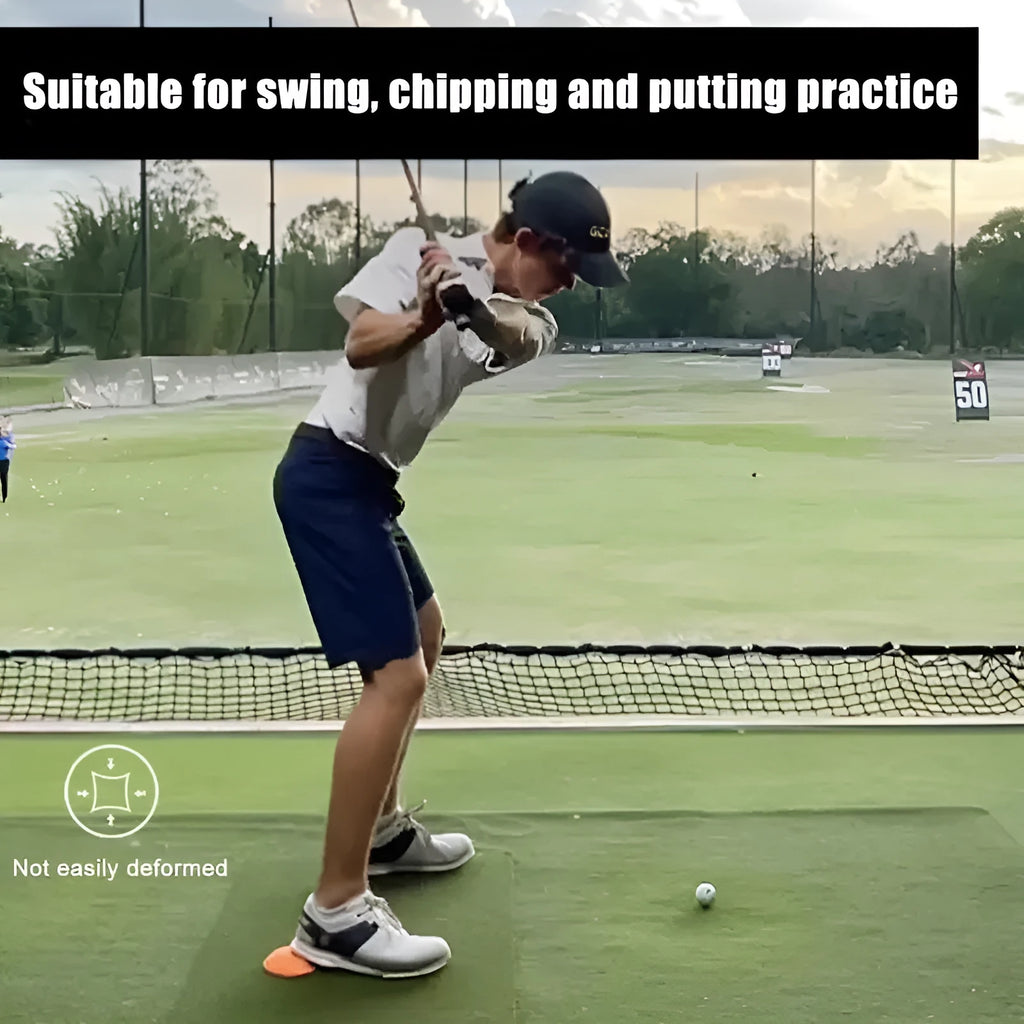 Orange natural rubber golf strength training mat with weighted centre section for swing practice