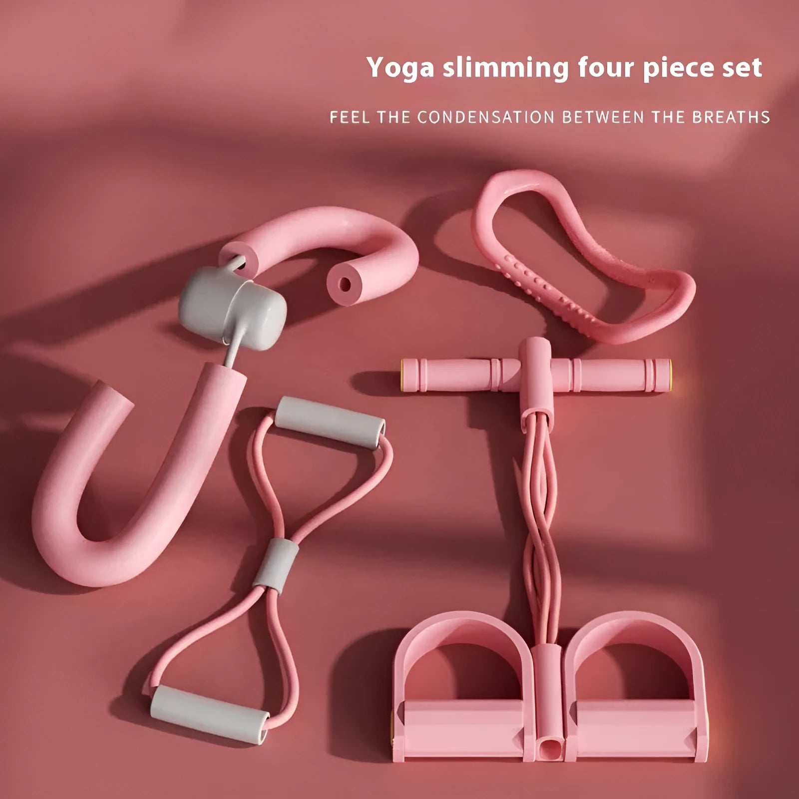 Yoga four-piece fitness set with leg stretching device, yoga ring, pedal tensioner and figure-eight rope
