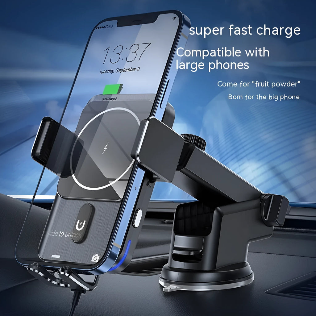 Black car wireless charger phone holder showing clip and suction cup mounting options
