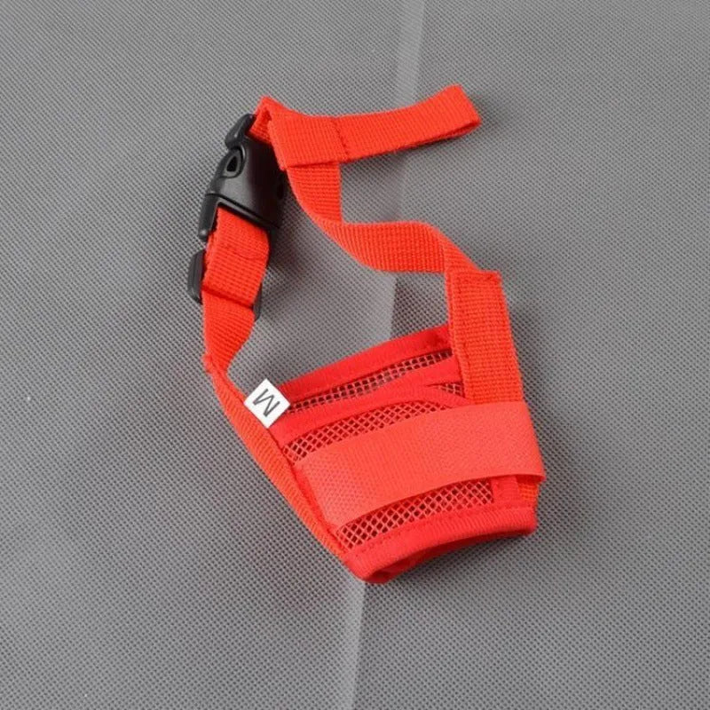 Adjustable plastic dog safety muzzle shown in multiple colours and sizes for biting and barking control.