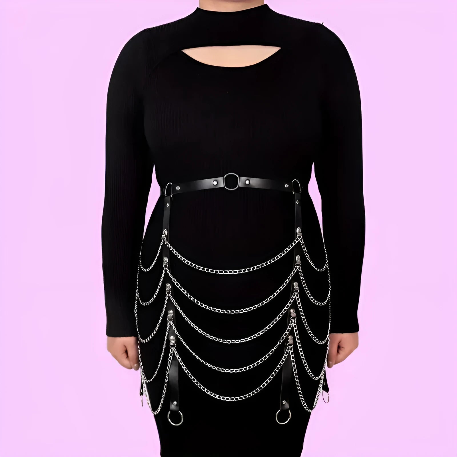 Black PU leather waist chain with bandage binding design for women's waist jewellery accessory